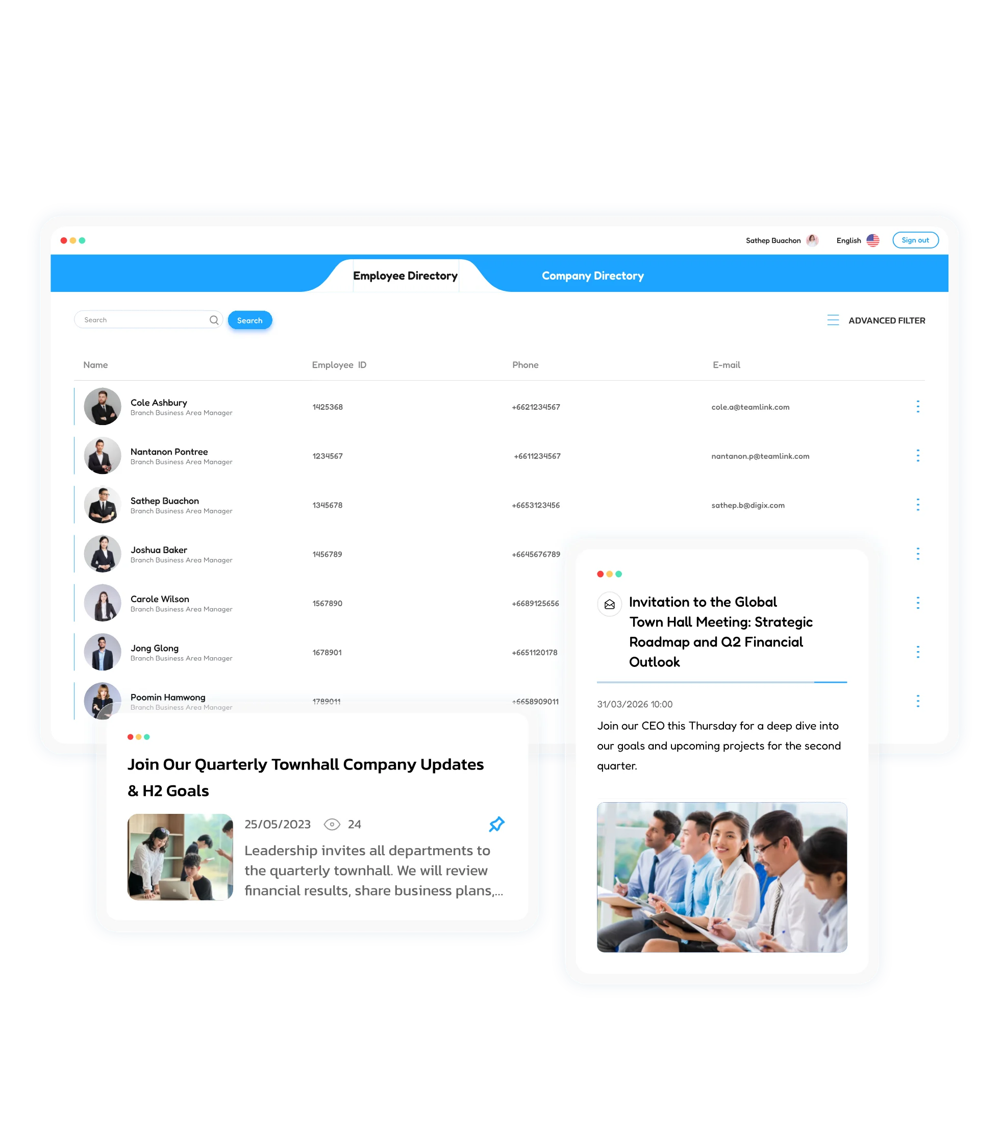 TeamLink communication dashboard mockup